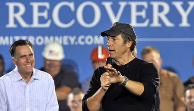 
              FILE - In this Sept. 26, 2012 file photo, Republican presidential candidate, former Massachusetts Gov. Mitt Romney listens as Mike Rowe, host of television show "Dirty Jobs" speaks duri